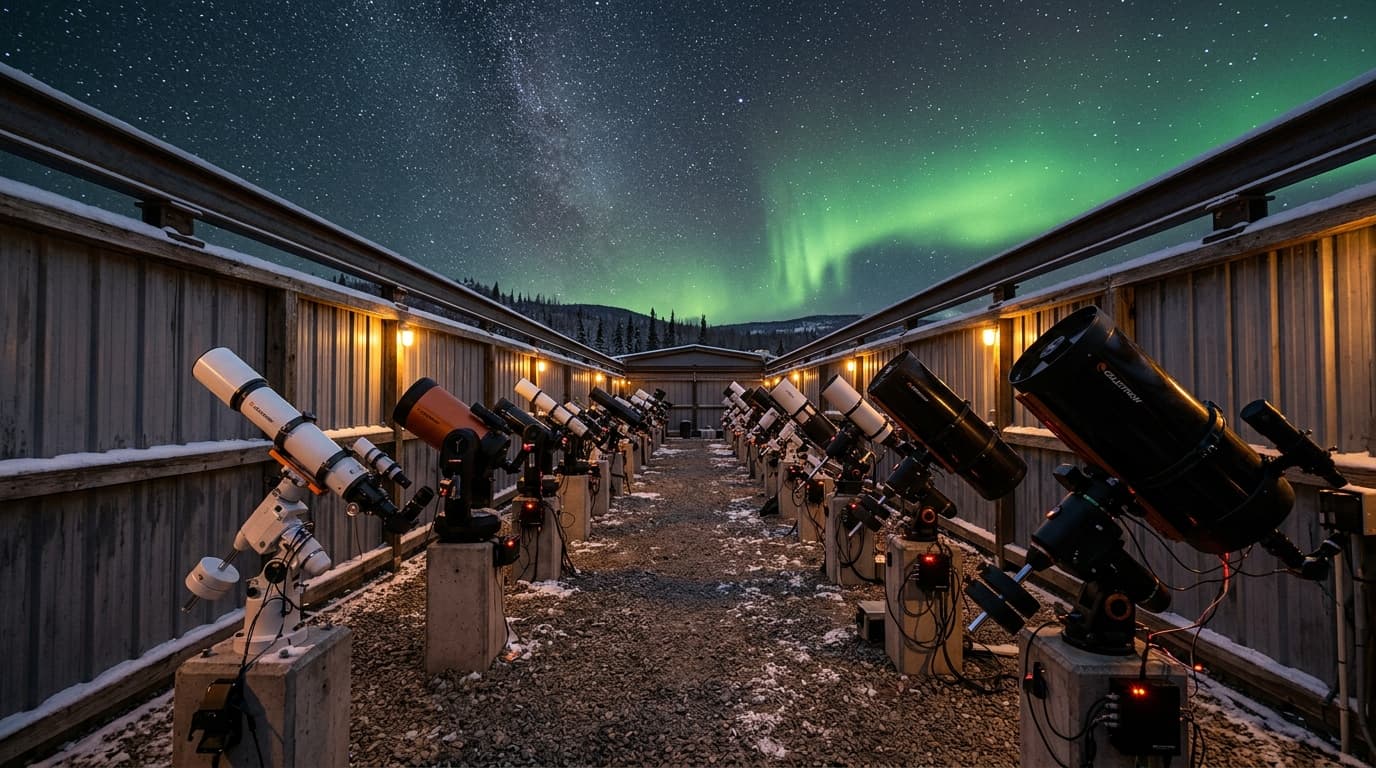 Interior of a roll-off-roof building filled with varied telescope rigs on concrete piers