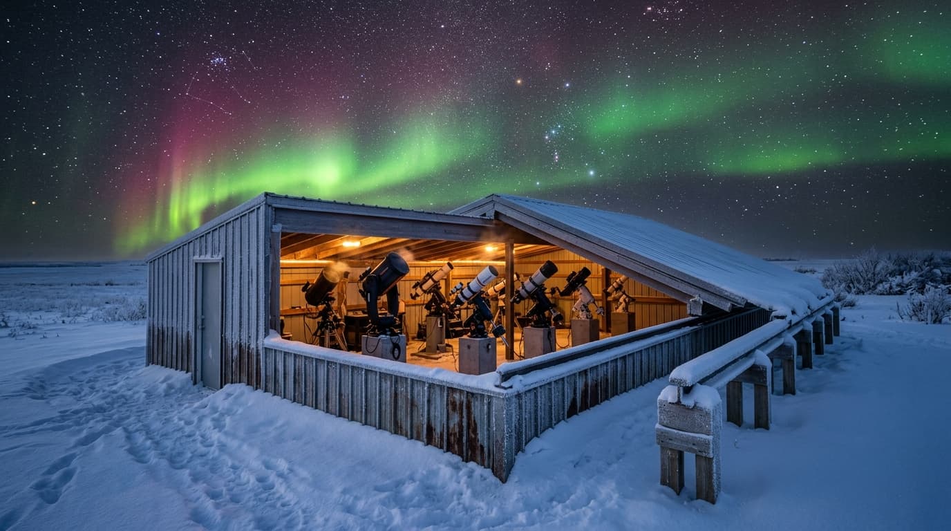 Roll-off-roof observatory on a snowy prairie under the aurora